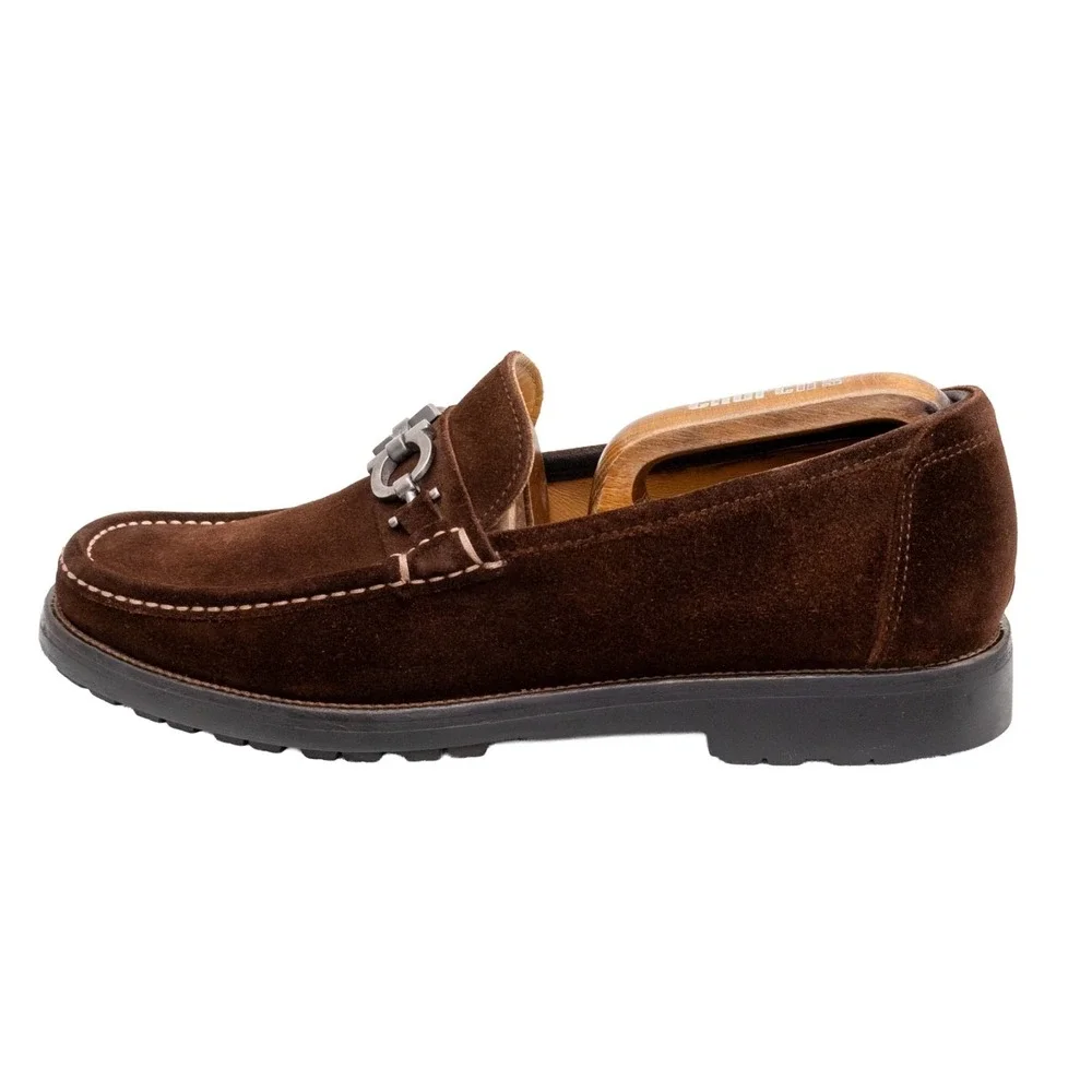 $849.00! Salvatore Ferragamo Gancini Logo Suede Loafers Brown Men's US 8.5 D
